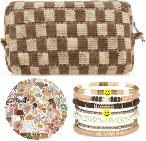 58 Pcs Checkered Makeup Bag Set Preppy Aesthetic Cosmetic Bag Travel Makeup Pouch Toiletry Bag 7 Pcs Heishi Surfer Bracelets with 50 Pcs Cute Preppy Stickers for Women Girls Teens Gift