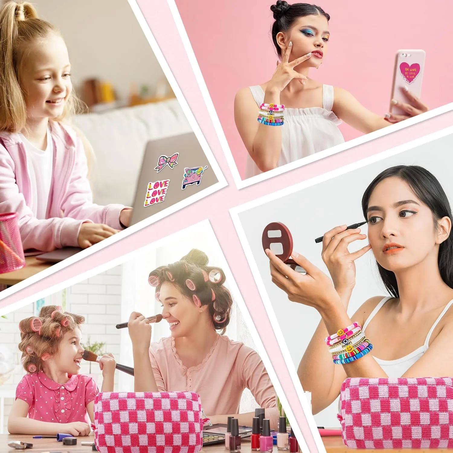 58 Pcs Checkered Makeup Bag Set Preppy Aesthetic Cosmetic Bag Travel Makeup Pouch Toiletry Bag 7 Pcs Heishi Surfer Bracelets with 50 Pcs Cute Preppy Stickers for Women Girls Teens Gift