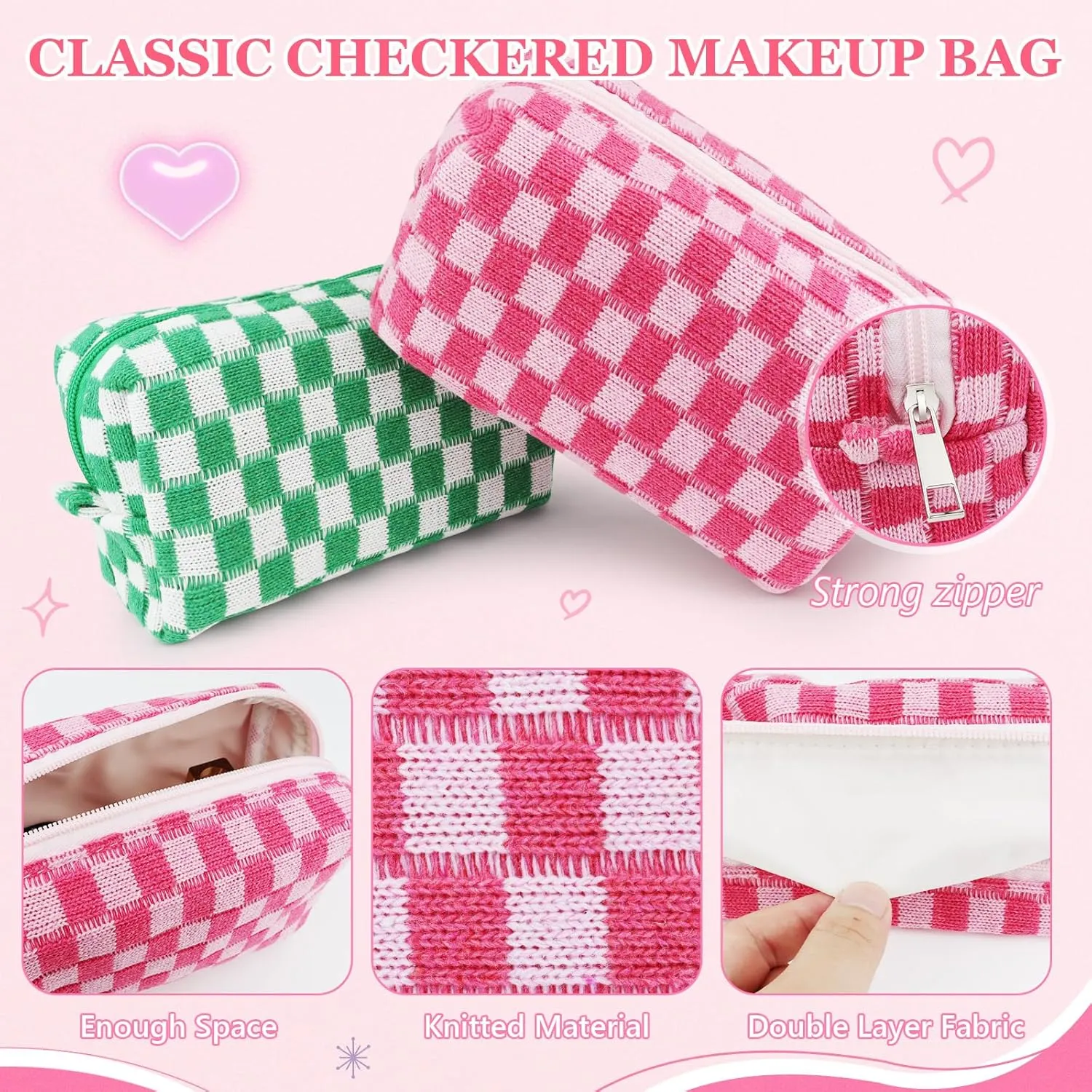 58 Pcs Checkered Makeup Bag Set Preppy Aesthetic Cosmetic Bag Travel Makeup Pouch Toiletry Bag 7 Pcs Heishi Surfer Bracelets with 50 Pcs Cute Preppy Stickers for Women Girls Teens Gift