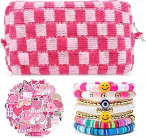58 Pcs Checkered Makeup Bag Set Preppy Aesthetic Cosmetic Bag Travel Makeup Pouch Toiletry Bag 7 Pcs Heishi Surfer Bracelets with 50 Pcs Cute Preppy Stickers for Women Girls Teens Gift