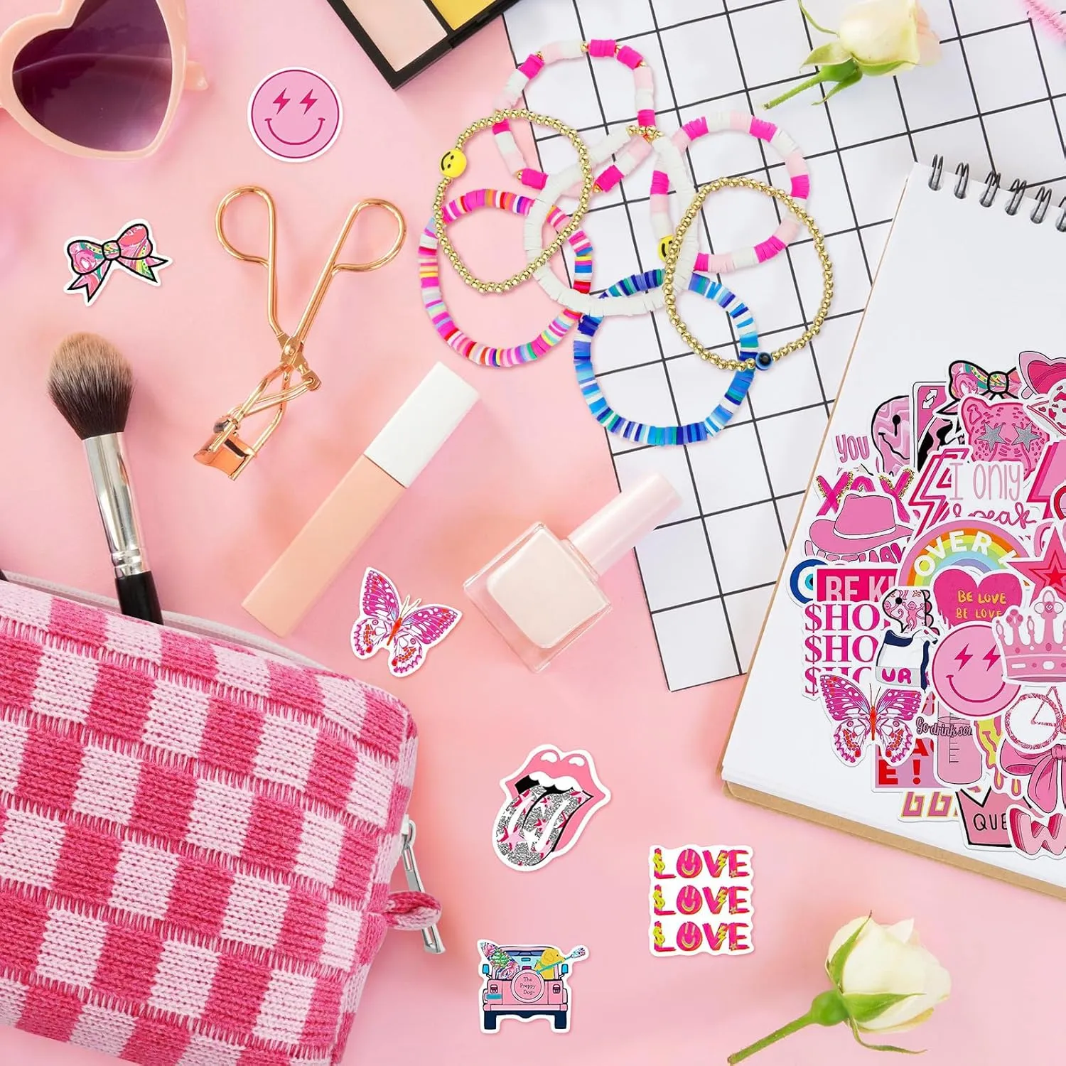 58 Pcs Checkered Makeup Bag Set Preppy Aesthetic Cosmetic Bag Travel Makeup Pouch Toiletry Bag 7 Pcs Heishi Surfer Bracelets with 50 Pcs Cute Preppy Stickers for Women Girls Teens Gift