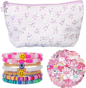 58 PCS Makeup Bag Set, with Stackable Bead Bracelets & Cute Preppy Stickers,Floral Cosmetic Bag for Women Handbag Purses, Flower Travel Toiletry Organizer Bag,Brush Storage Bag