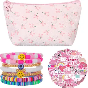 58 PCS Makeup Bag Set,Preppy Aesthetic Cosmetic Bag,with Friendship Bracelets & Preppy Stickers for Women Girls,Flower Travel Toiletry Bag,Make up Brush Storage Bag,Aesthetic Women Handbags Purses