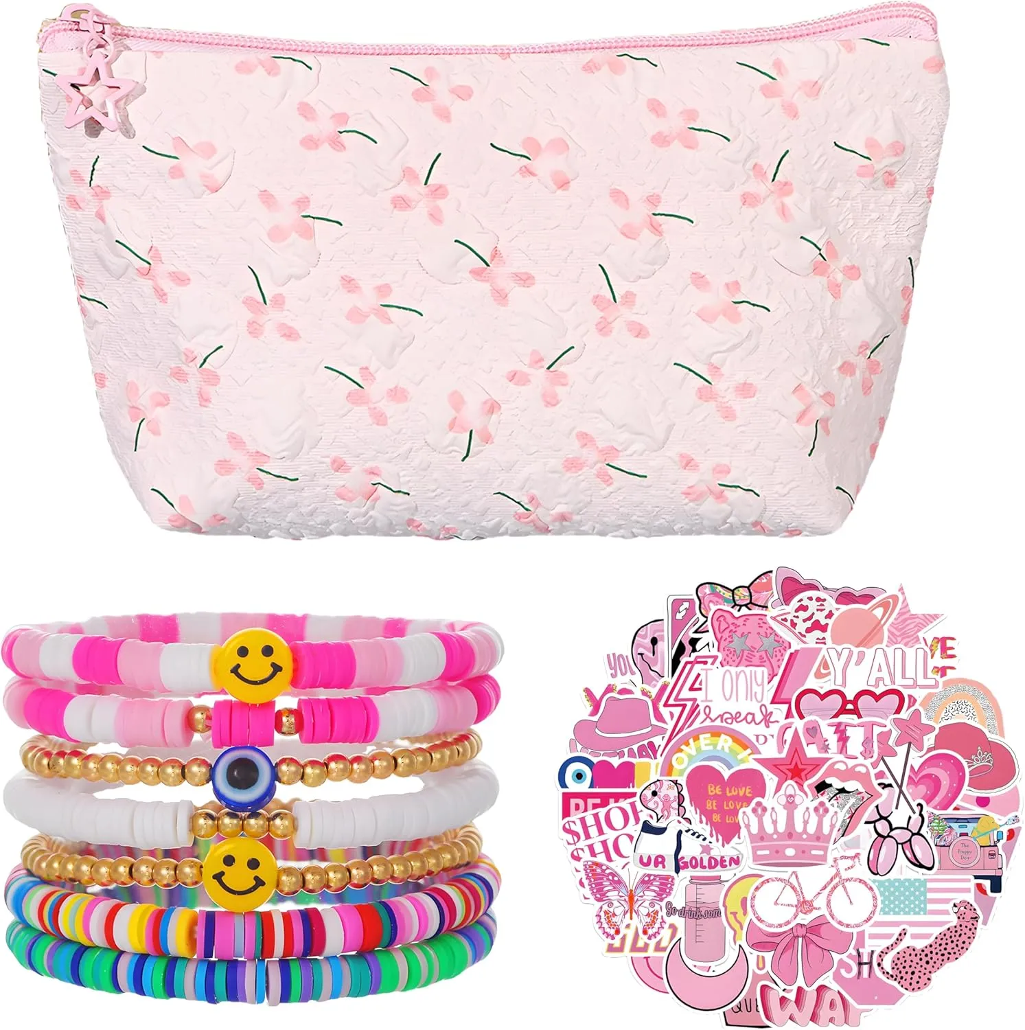 58 PCS Makeup Bag Set,Preppy Aesthetic Cosmetic Bag,with Friendship Bracelets & Preppy Stickers for Women Girls,Flower Travel Toiletry Bag,Make up Brush Storage Bag,Aesthetic Women Handbags Purses
