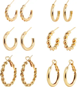 6 Pairs Gold Hoop Earrings Set for Women Fashion Lightweight Chunky Pearl Earrings Multipack Twisted Statement Earring Small Big Hoops Earrings Set for Women Jewelry Gifts