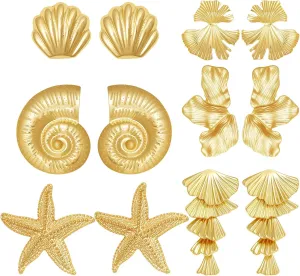 6 Pairs Gold Statement Earrings Seashell Starfish Conch Stud Ginkgo Sectored Flower Leaf Drop Earring Vintage Boho Ocean Jewelry Beach Summer Earrings for Women