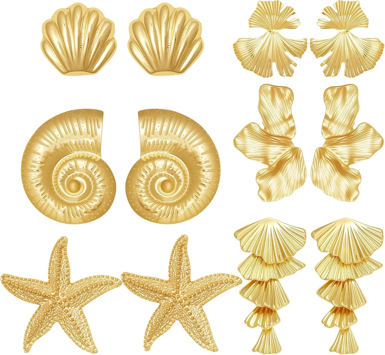 6 Pairs Gold Statement Earrings Seashell Starfish Conch Stud Ginkgo Sectored Flower Leaf Drop Earring Vintage Boho Ocean Jewelry Beach Summer Earrings for Women