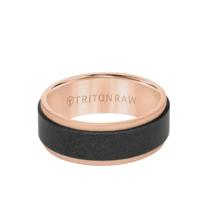 8MM Tungsten RAW Black DLC   14K Rose Gold Ring - Flat Profile and Step Edge