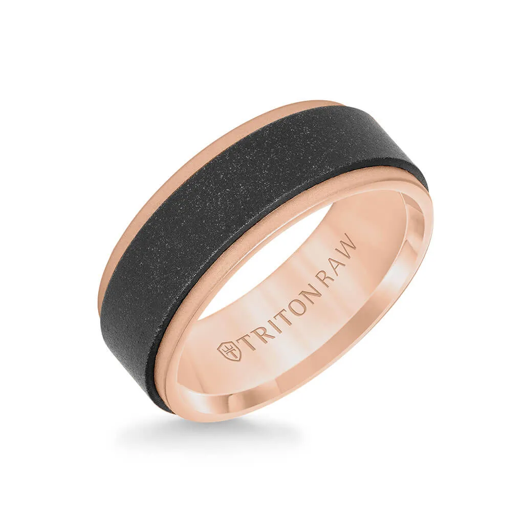 8MM Tungsten RAW Black DLC   14K Rose Gold Ring - Flat Profile and Step Edge