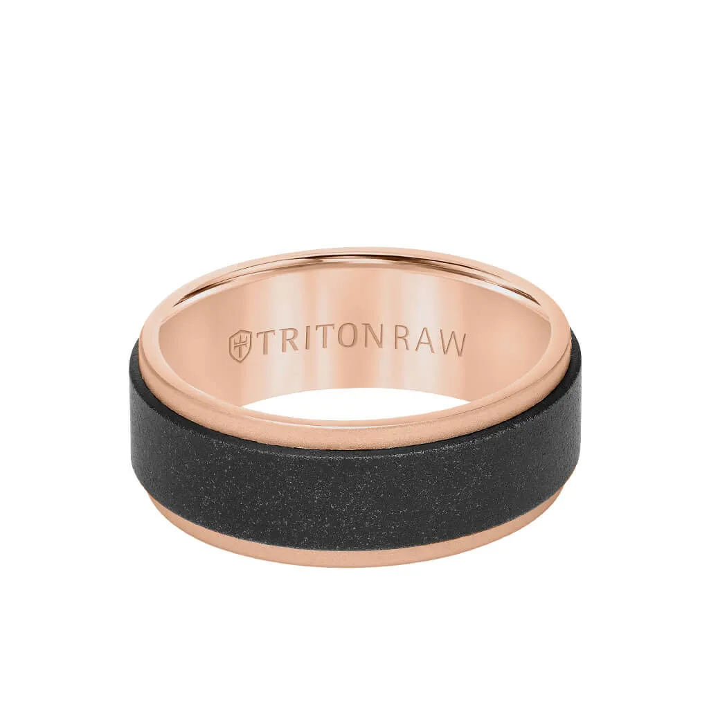 8MM Tungsten RAW Black DLC   14K Rose Gold Ring - Flat Profile and Step Edge