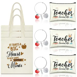 9 Pcs Teacher Appreciation Gifts Sets Teacher Makeup Pouch Cosmetic Bag Teacher Tote Bag Bulk Canvas Teacher Bangle Bracelet Teacher's Day Birthday Graduation Back to School Gift for Teacher