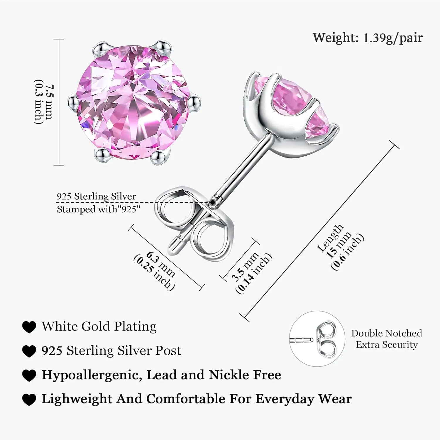 925 Sterling Silver Birthstone Earrings for Women Small Stud Earrings Round/Princess Cut Gemstone Earrings Birthstone Jewelry