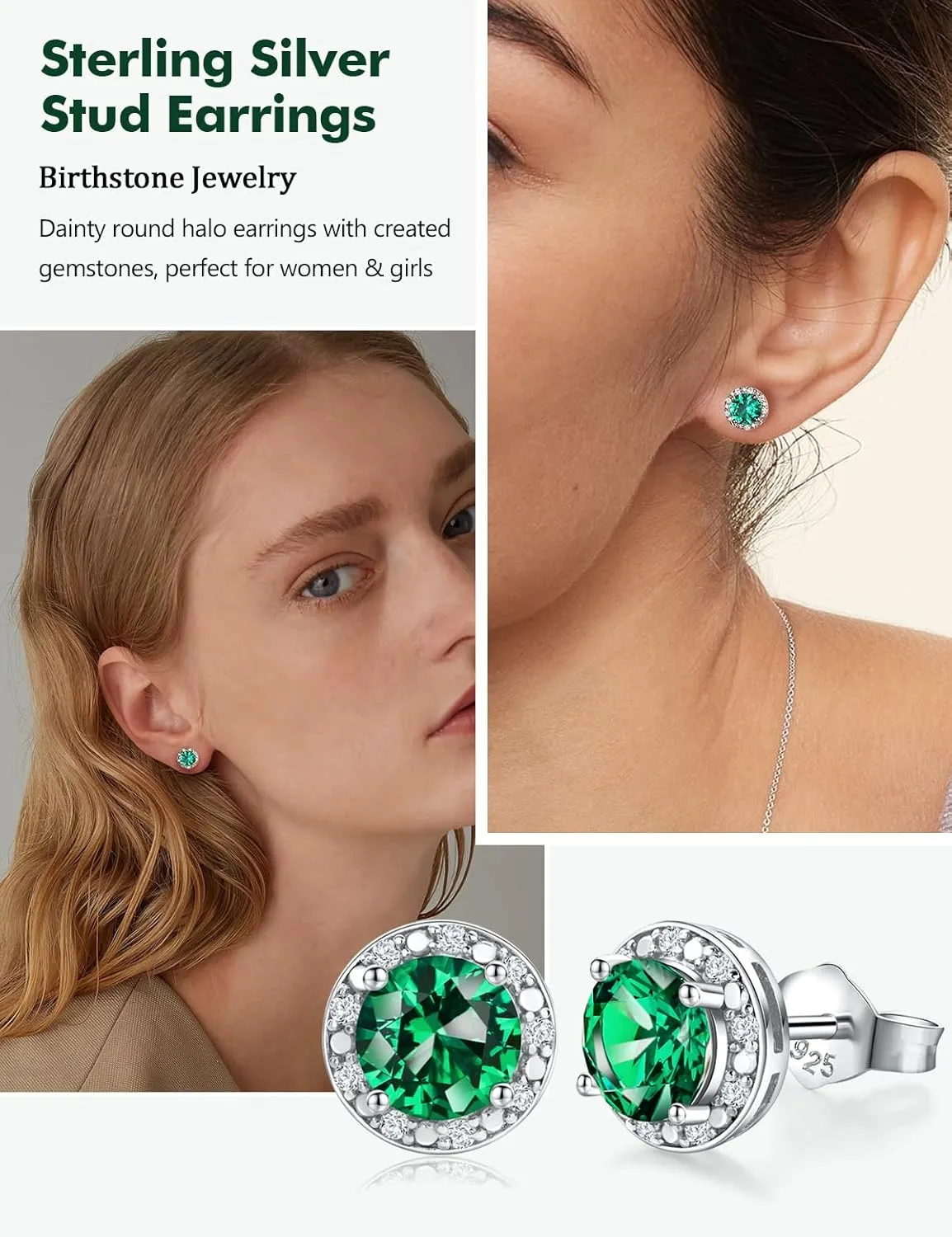 925 Sterling Silver Birthstone Earrings for Women Teen Girls Dainty Cute Created Gemstone Crystal Square Earrings Double Halo Stud Earrings