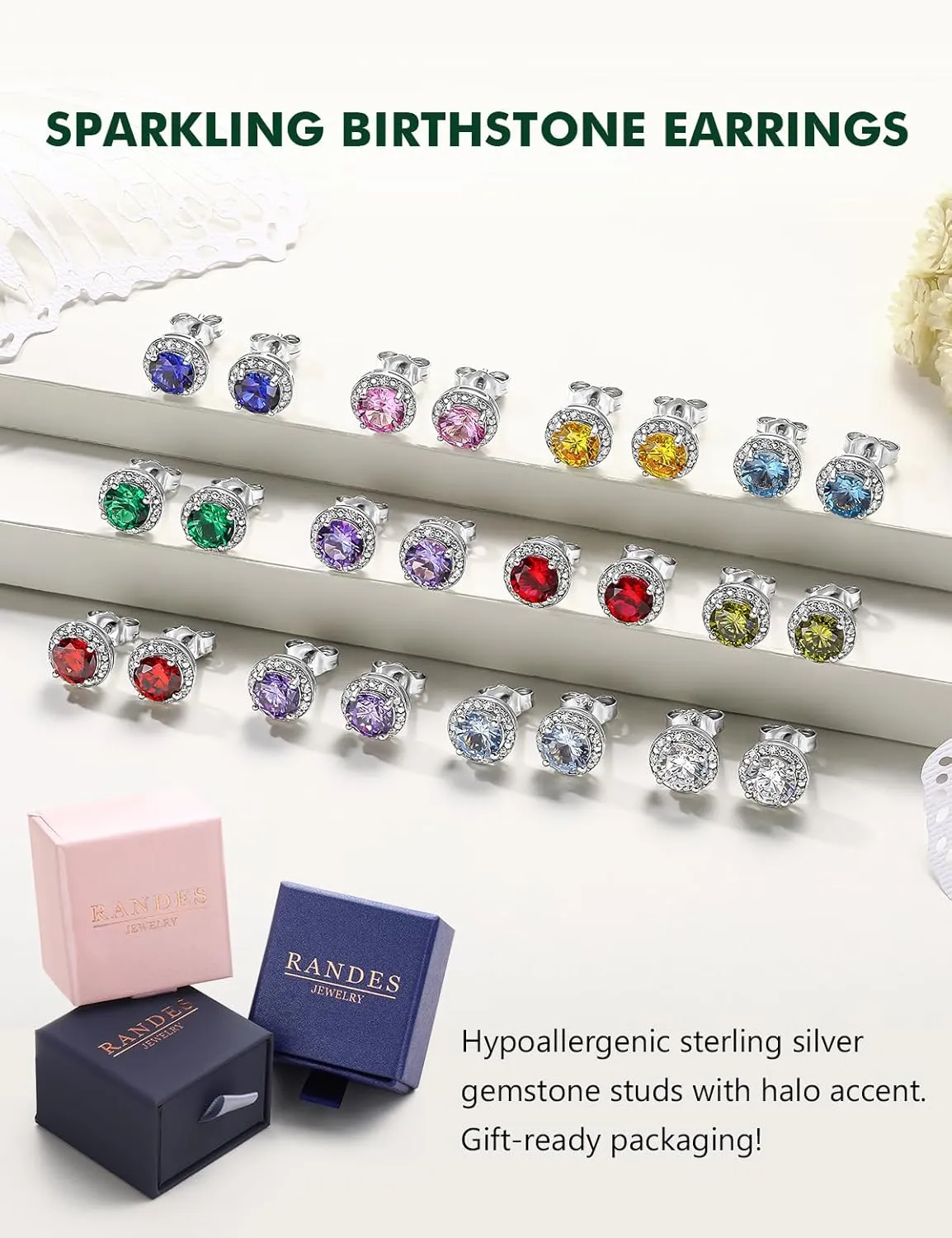 925 Sterling Silver Birthstone Earrings for Women Teen Girls Dainty Cute Created Gemstone Crystal Square Earrings Double Halo Stud Earrings