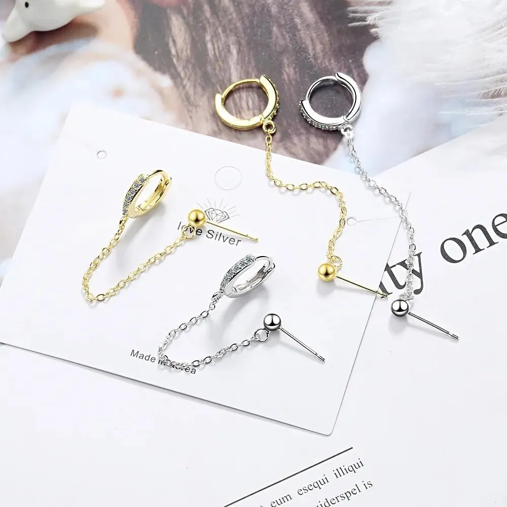 925 Sterling Silver Double Piercing Earrings For Women, Double Hole Link Chain Circle Hoop Earrings Zircon Star Lightning, Double Hoop Earrings, Double Twist Hoop Earrings, Double Piercing