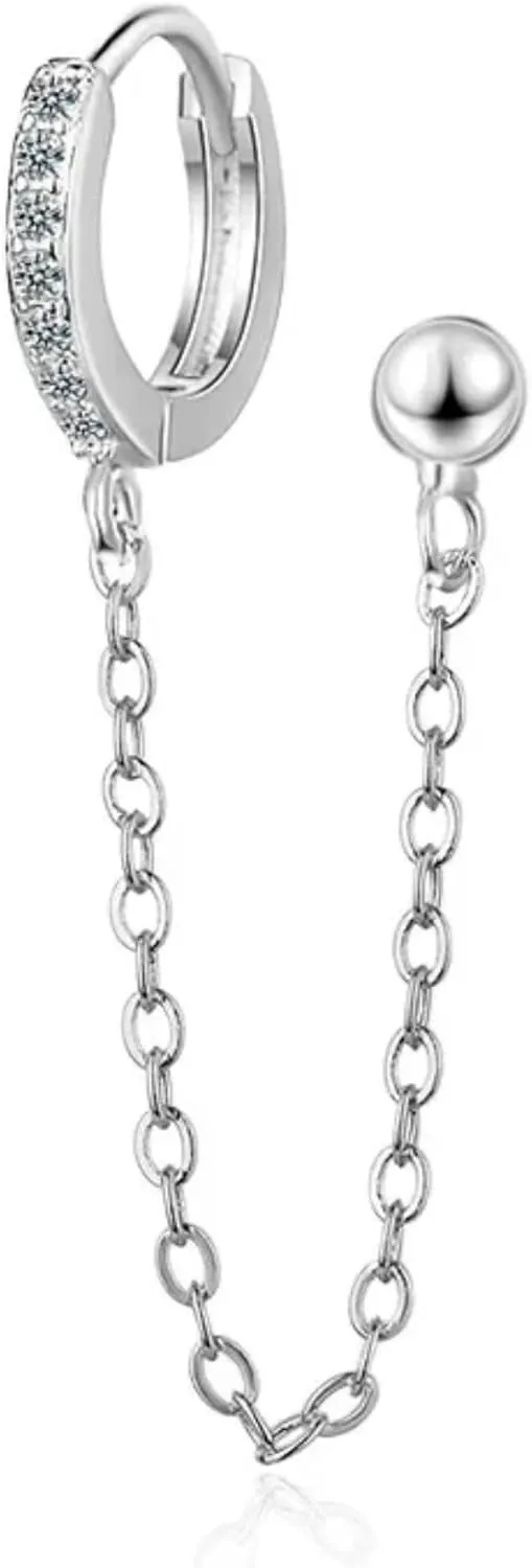925 Sterling Silver Double Piercing Earrings For Women, Double Hole Link Chain Circle Hoop Earrings Zircon Star Lightning, Double Hoop Earrings, Double Twist Hoop Earrings, Double Piercing