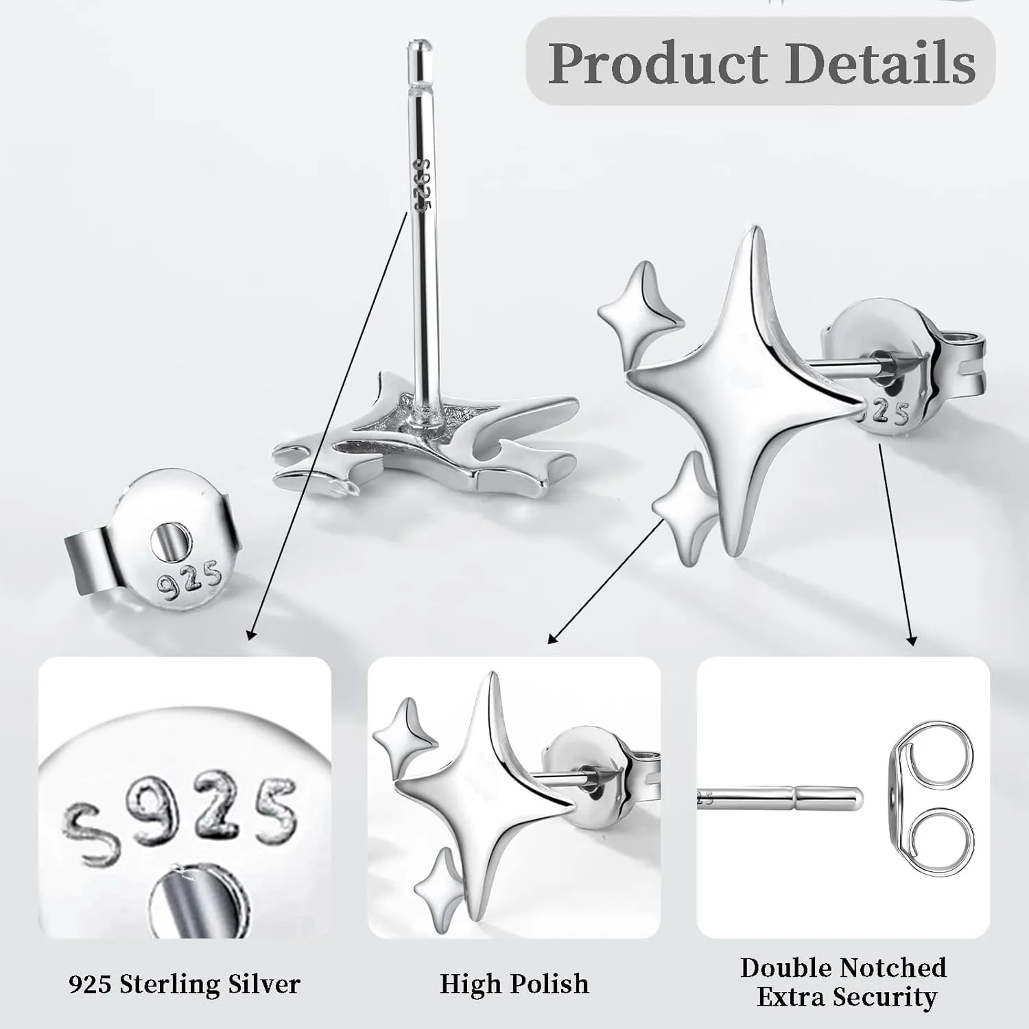 925 Sterling Silver Studs Earrings for Women 2 Pairs Star Stud Earrings Set Hypoallergenic Silver Stud Earrings Dainty Star Earrings for Women