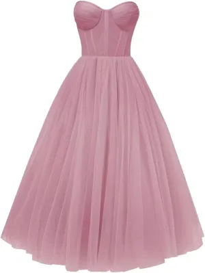 A-line Pleated Tulle Prom Dress for Women, Sleeveless, Midi, Sweetheart Neck, Plus Size