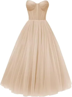 A-line Pleated Tulle Prom Dress for Women, Sleeveless, Midi, Sweetheart Neck, Plus Size
