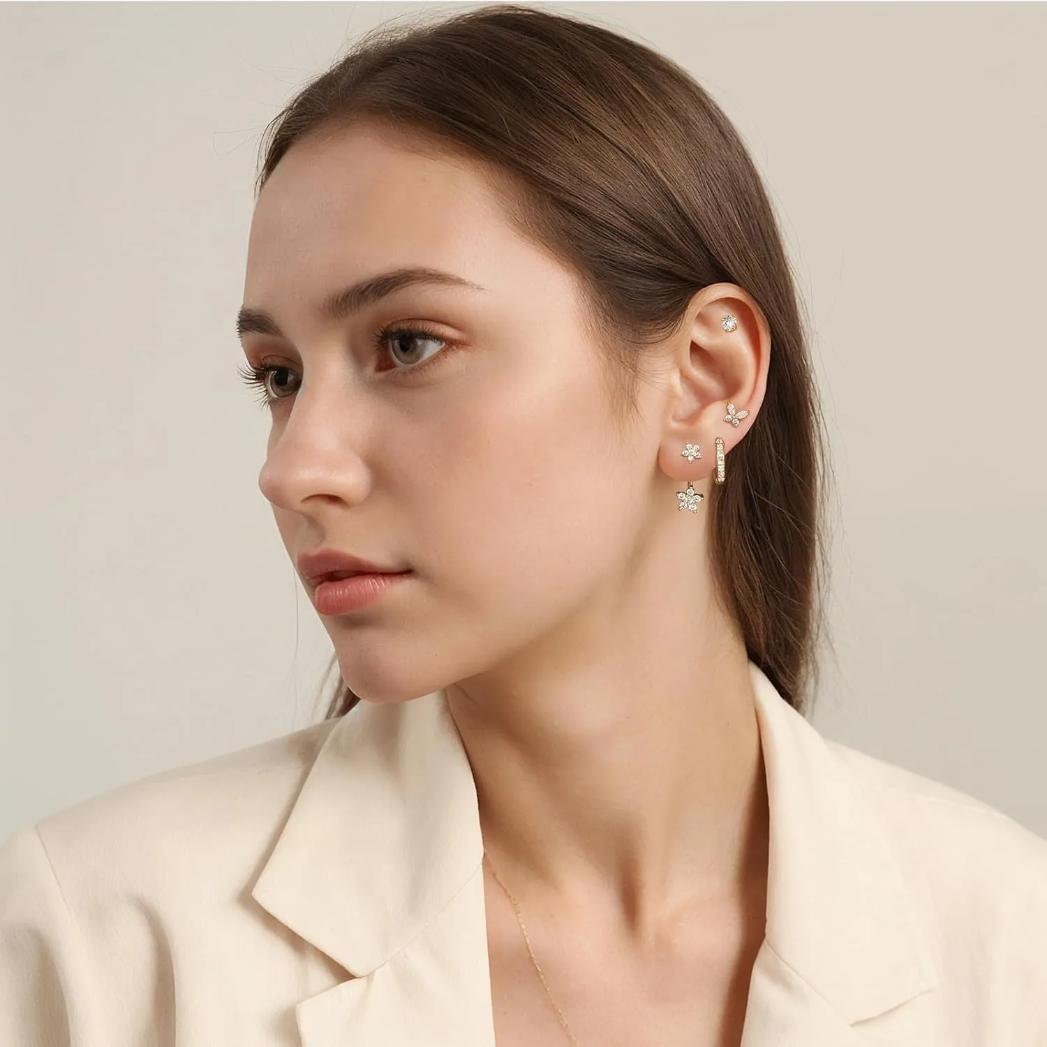 Angelady 14K Gold Plated Stud Hoop Earrings Set for Women, 4 Pairs Hoop Huggie Earrings Stacks, Cute Butterfly Earrings Jewelry for Her/Women
