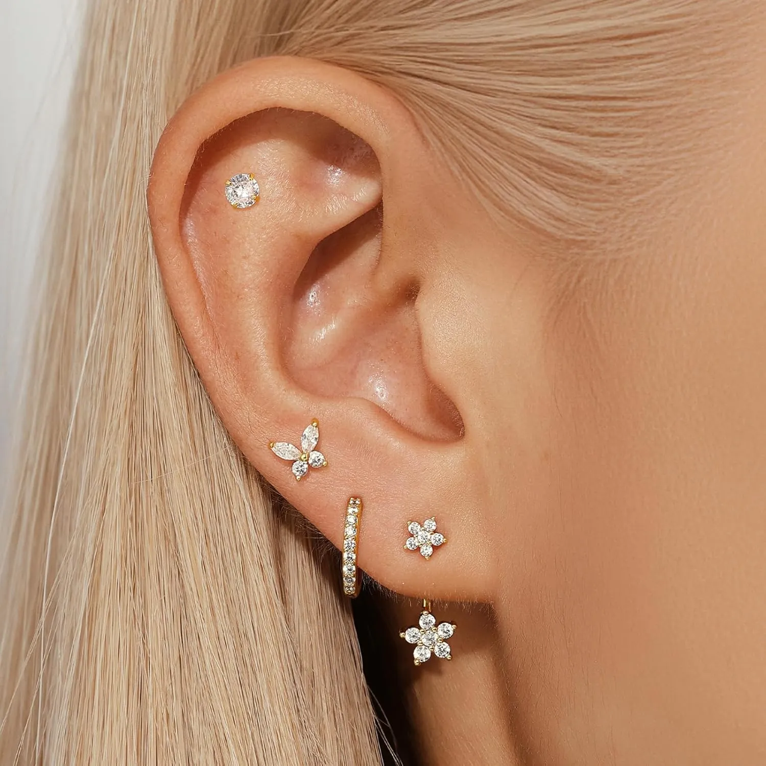 Angelady 14K Gold Plated Stud Hoop Earrings Set for Women, 4 Pairs Hoop Huggie Earrings Stacks, Cute Butterfly Earrings Jewelry for Her/Women