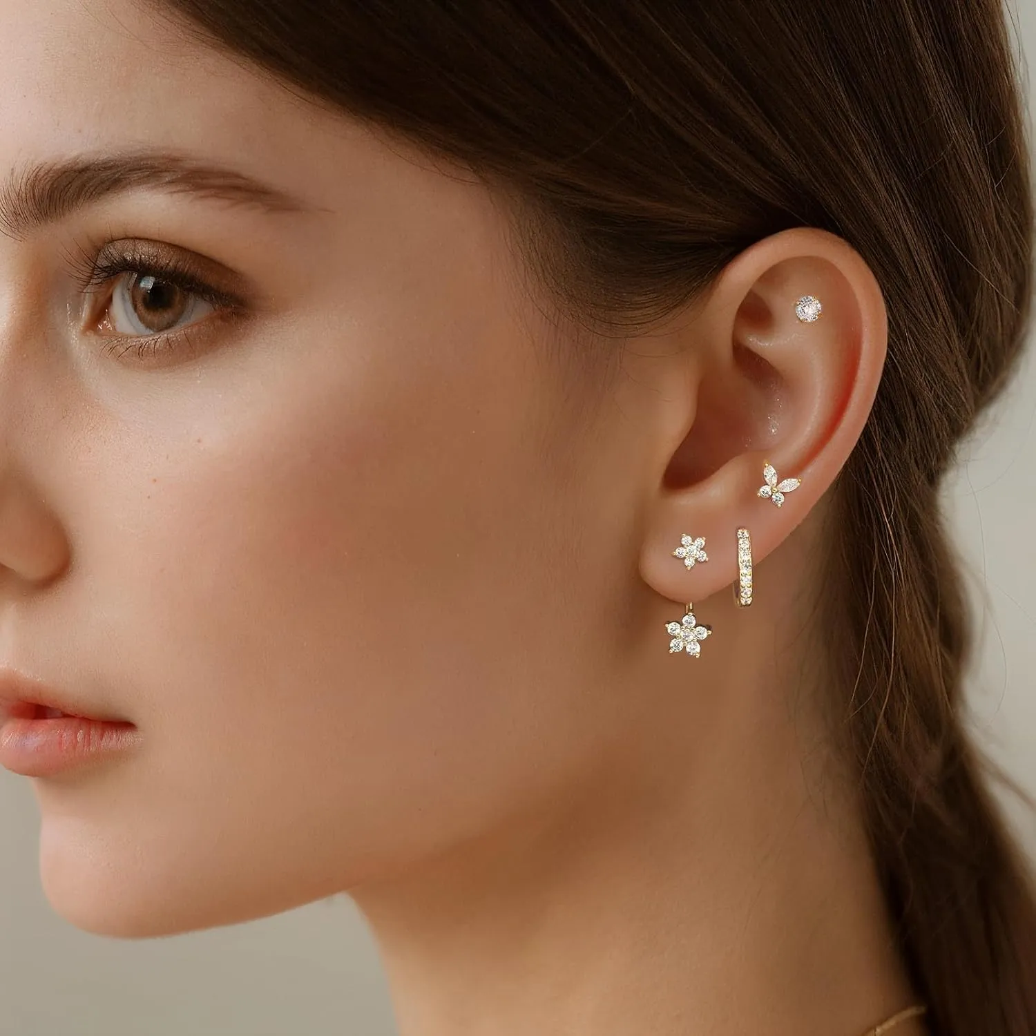 Angelady 14K Gold Plated Stud Hoop Earrings Set for Women, 4 Pairs Hoop Huggie Earrings Stacks, Cute Butterfly Earrings Jewelry for Her/Women