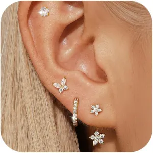 Angelady 14K Gold Plated Stud Hoop Earrings Set for Women, 4 Pairs Hoop Huggie Earrings Stacks, Cute Butterfly Earrings Jewelry for Her/Women