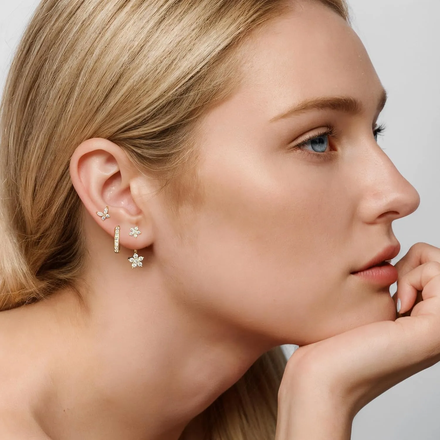 Angelady 14K Gold Plated Stud Hoop Earrings Set for Women, 4 Pairs Hoop Huggie Earrings Stacks, Cute Butterfly Earrings Jewelry for Her/Women