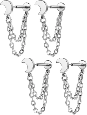 AoedeJ 2 Pairs Flat Back Stud Earrings Push In Flat Back Earrings for Cartilage Earring Moon Star Square Round Chain Threadless Flat Back Earrings for Women