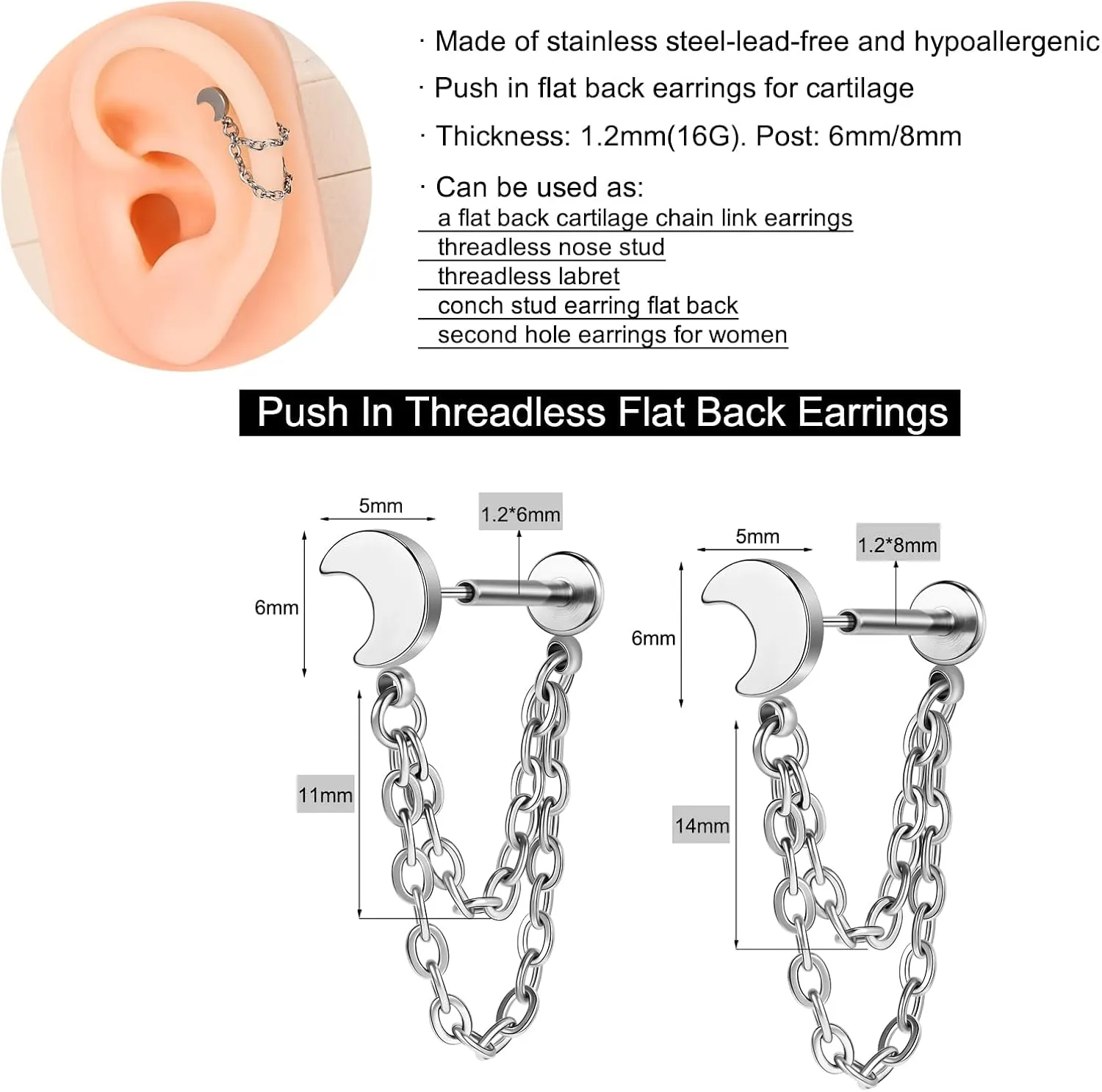 AoedeJ 2 Pairs Flat Back Stud Earrings Push In Flat Back Earrings for Cartilage Earring Moon Star Square Round Chain Threadless Flat Back Earrings for Women