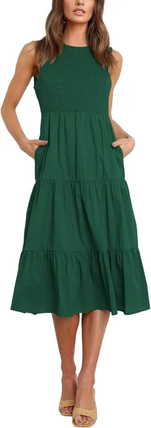 Atizon Womens Summer Sleeveless Dresses with Pockets Smocked Tiered Midi Beach Sundress