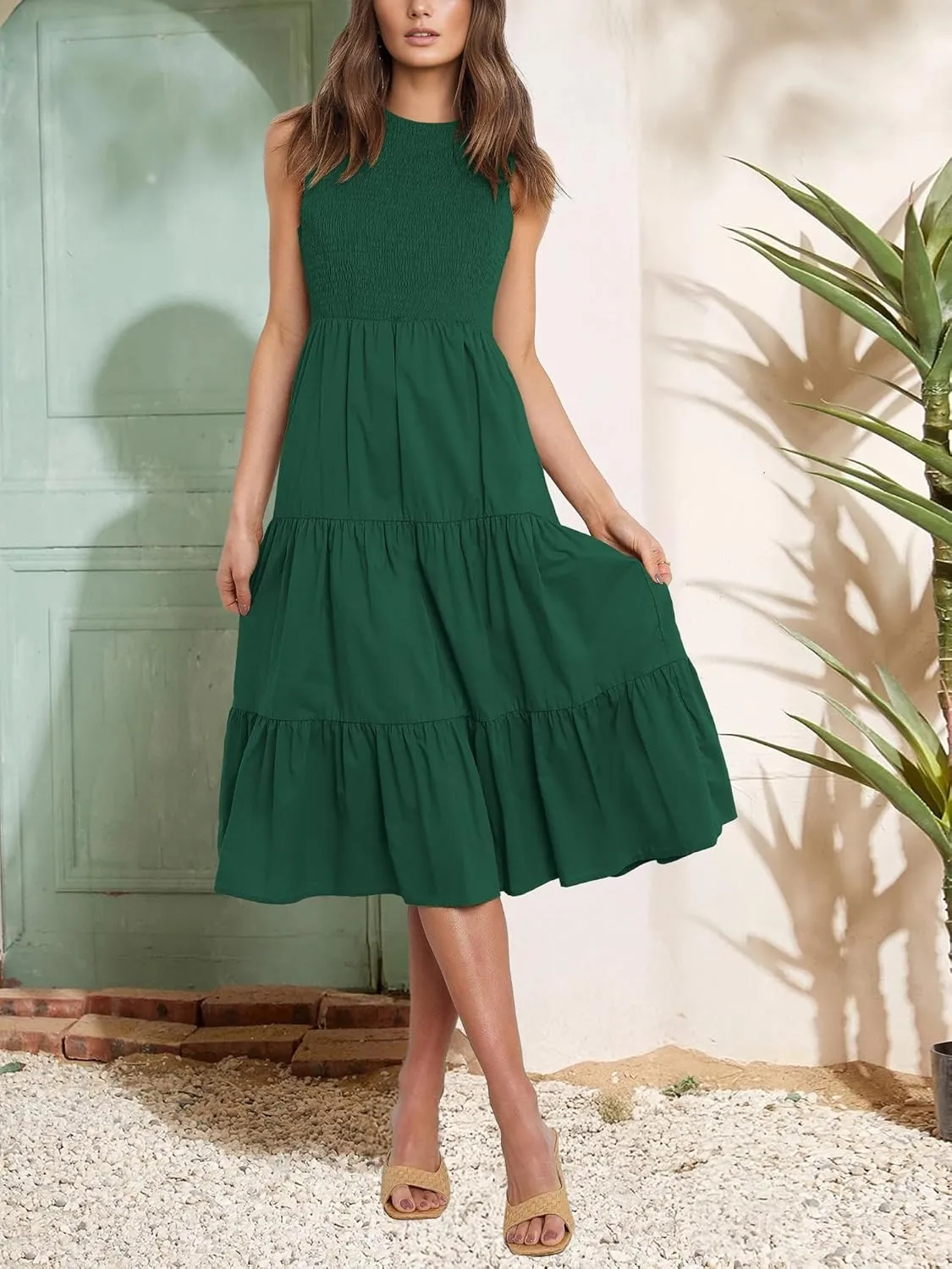 Atizon Womens Summer Sleeveless Dresses with Pockets Smocked Tiered Midi Beach Sundress