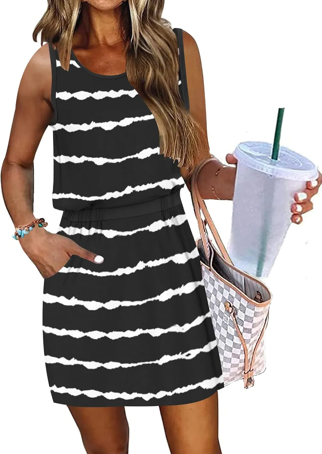 AUSELILY Women Summer Dress 2025 Casual Sleeveless Sundress Crew Neck Beach Short Dresses with Pockets