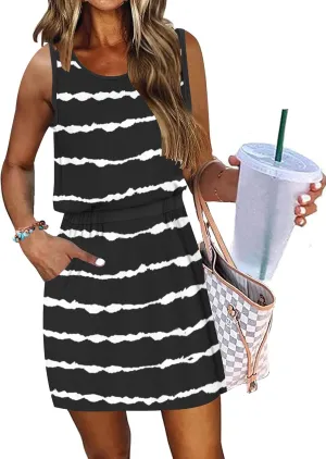 AUSELILY Women Summer Dress 2025 Casual Sleeveless Sundress Crew Neck Beach Short Dresses with Pockets