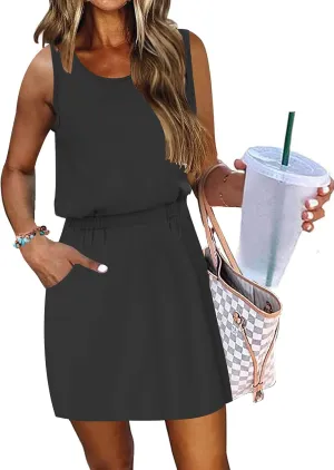 AUSELILY Women Summer Dress 2025 Casual Sleeveless Sundress Crew Neck Beach Short Dresses with Pockets