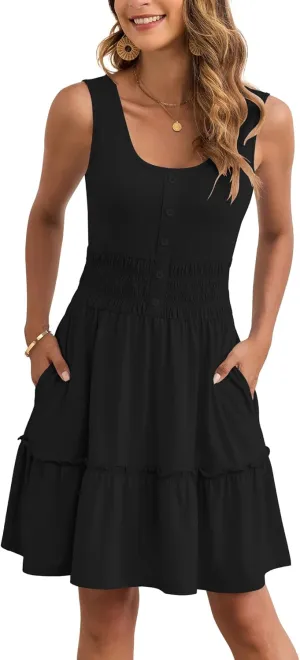 AUSELILY Women Summer Dress Sleeveless Tank Button Down Dresses Tiered Smocked Elastic Waist with Pockets
