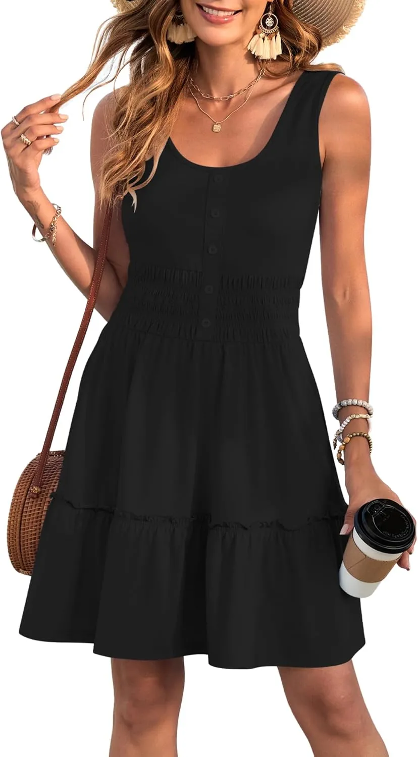AUSELILY Women Summer Dress Sleeveless Tank Button Down Dresses Tiered Smocked Elastic Waist with Pockets