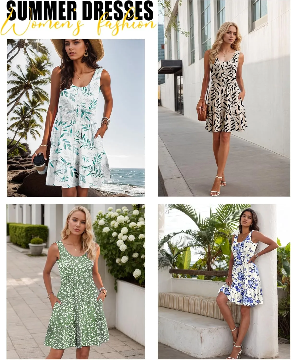 AUSELILY Women Summer Dress Sleeveless Tank Button Down Dresses Tiered Smocked Elastic Waist with Pockets