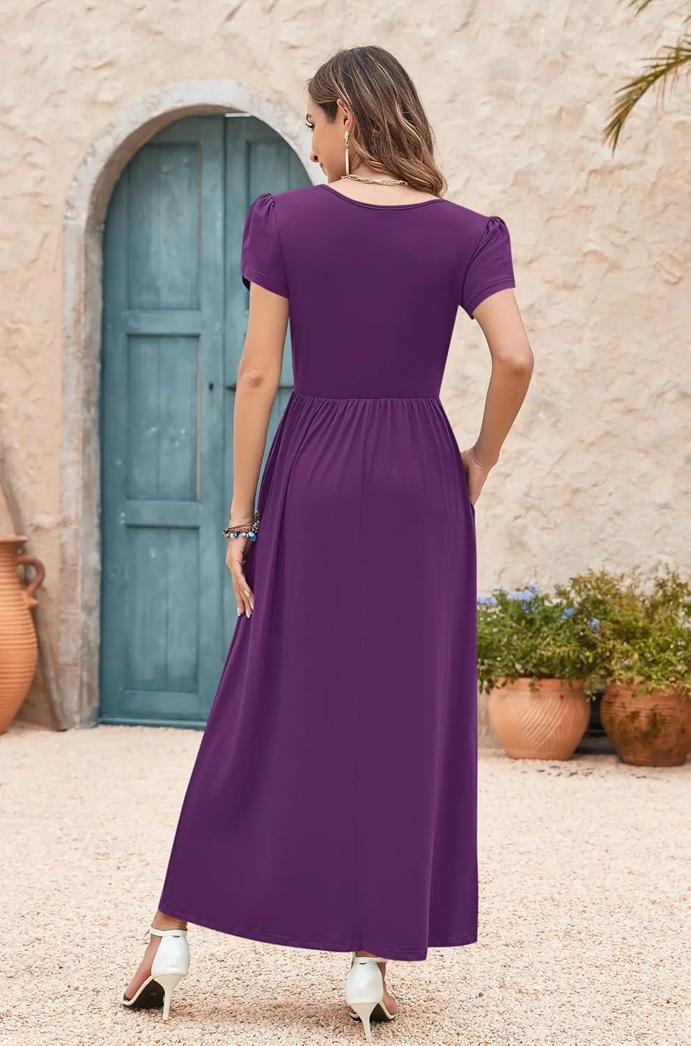 AUSELILY Women's Summer Maxi Dresses Petal Sleeves Casual Empire Waist Long Dress with Pockets 2025 New
