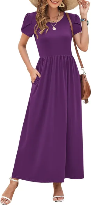AUSELILY Women's Summer Maxi Dresses Petal Sleeves Casual Empire Waist Long Dress with Pockets 2025 New