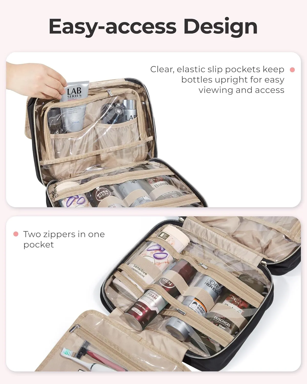 BAGSMART Travel Toiletry Bag with Jewelry Organizer, Hanging Travel Bag for Toiletries, Makeup Cosmetic Bag Organizer, Carry-on Travel Accessories Essentials, Pink-L