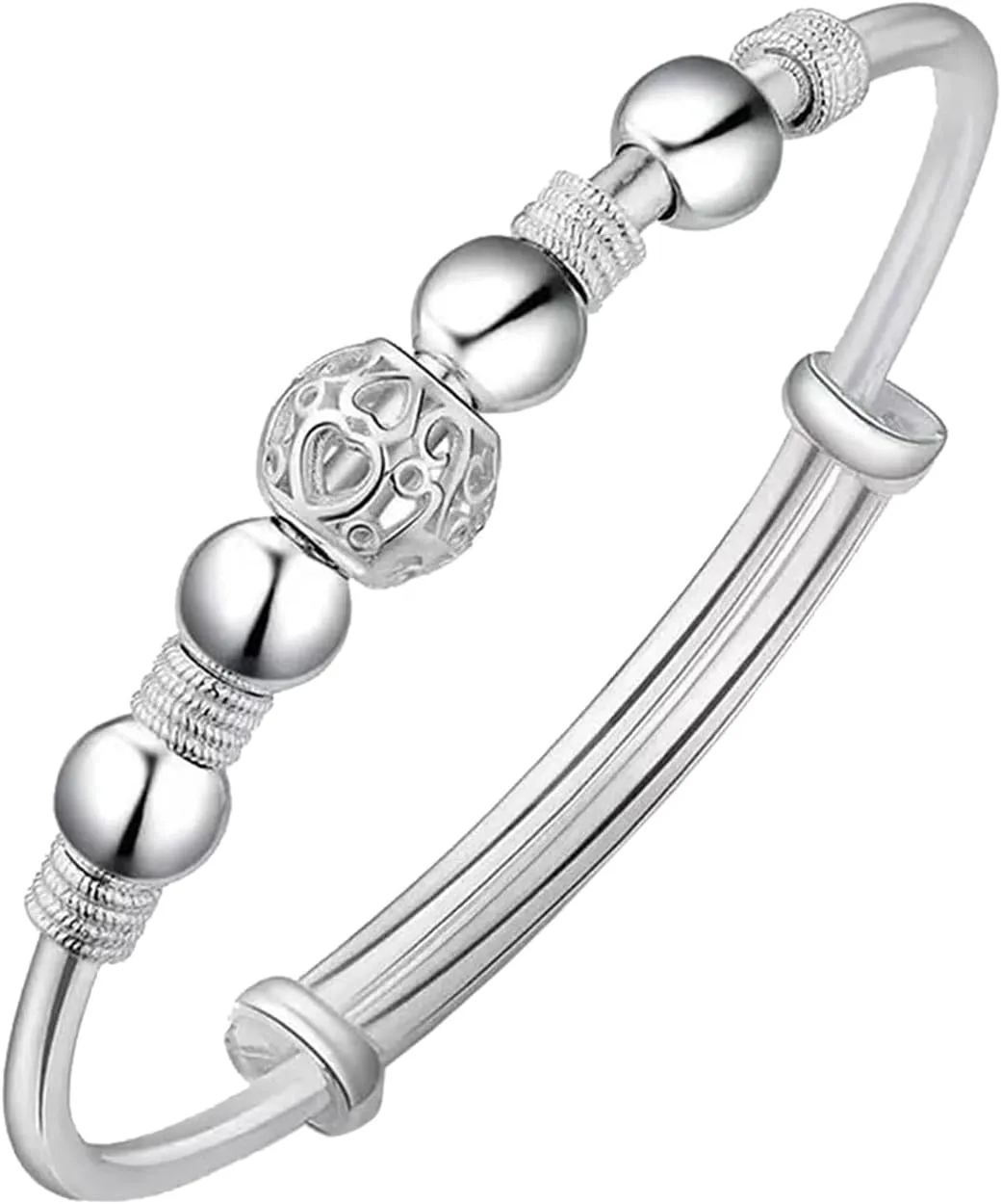 Bangle Bracelet for Women's, Fashion Hollow Bead Charm 925 Sterling Silver Beads Bangle Bracelets Adjustable for Party Christmas