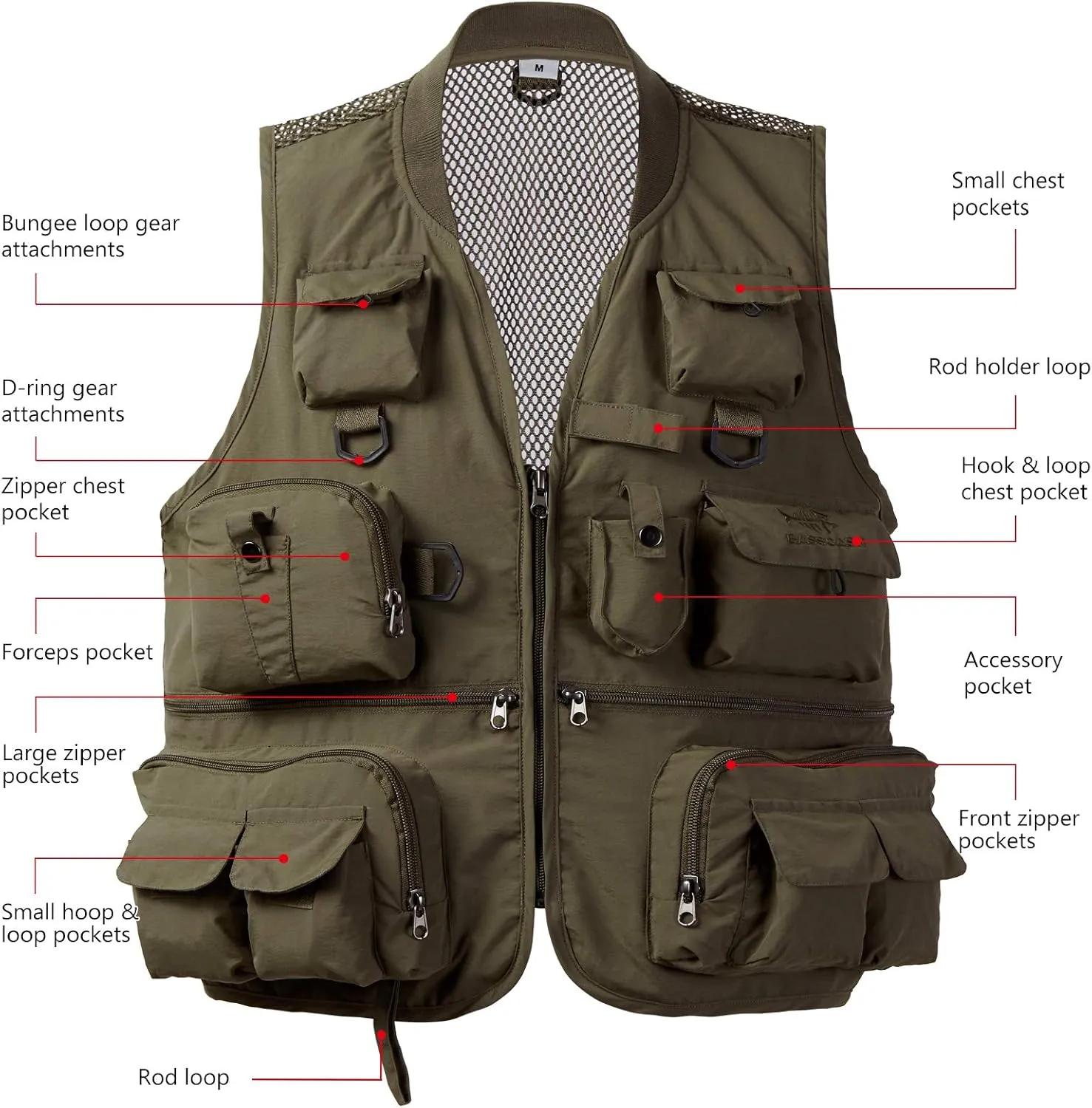 BASSDASH Versatile Men's Women's Fishing Photography Vest with Mesh Back 6 Sizes