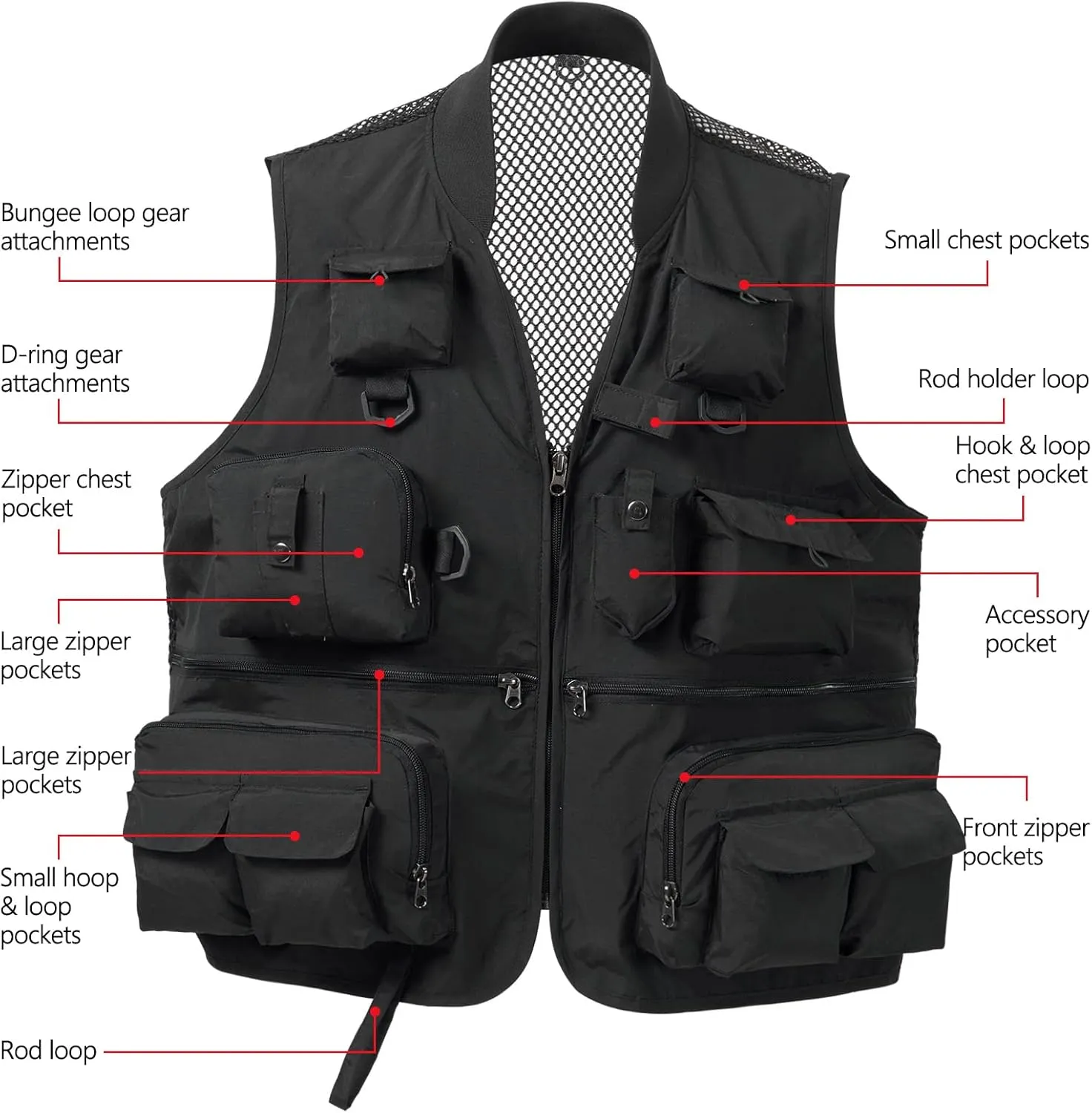 BASSDASH Versatile Men's Women's Fishing Photography Vest with Mesh Back 6 Sizes