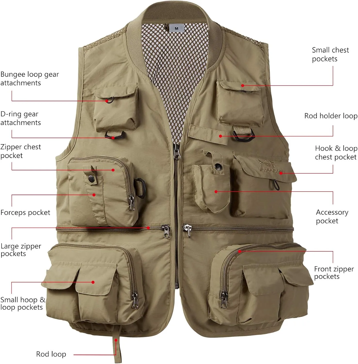 BASSDASH Versatile Men's Women's Fishing Photography Vest with Mesh Back 6 Sizes