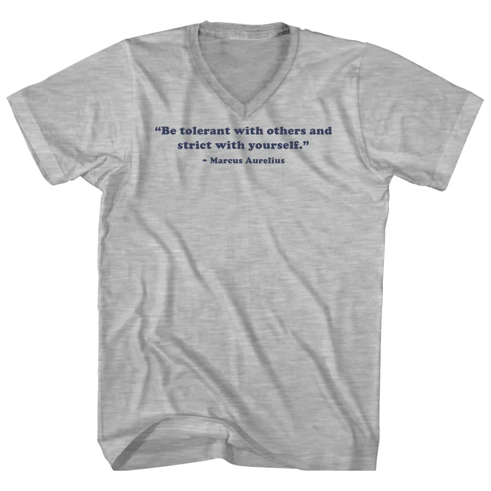 Be Tolerant With Others And Strict With Yourself. - Marcus Aurelius Quote Tees Adult Cotton V-neck T-shirt
