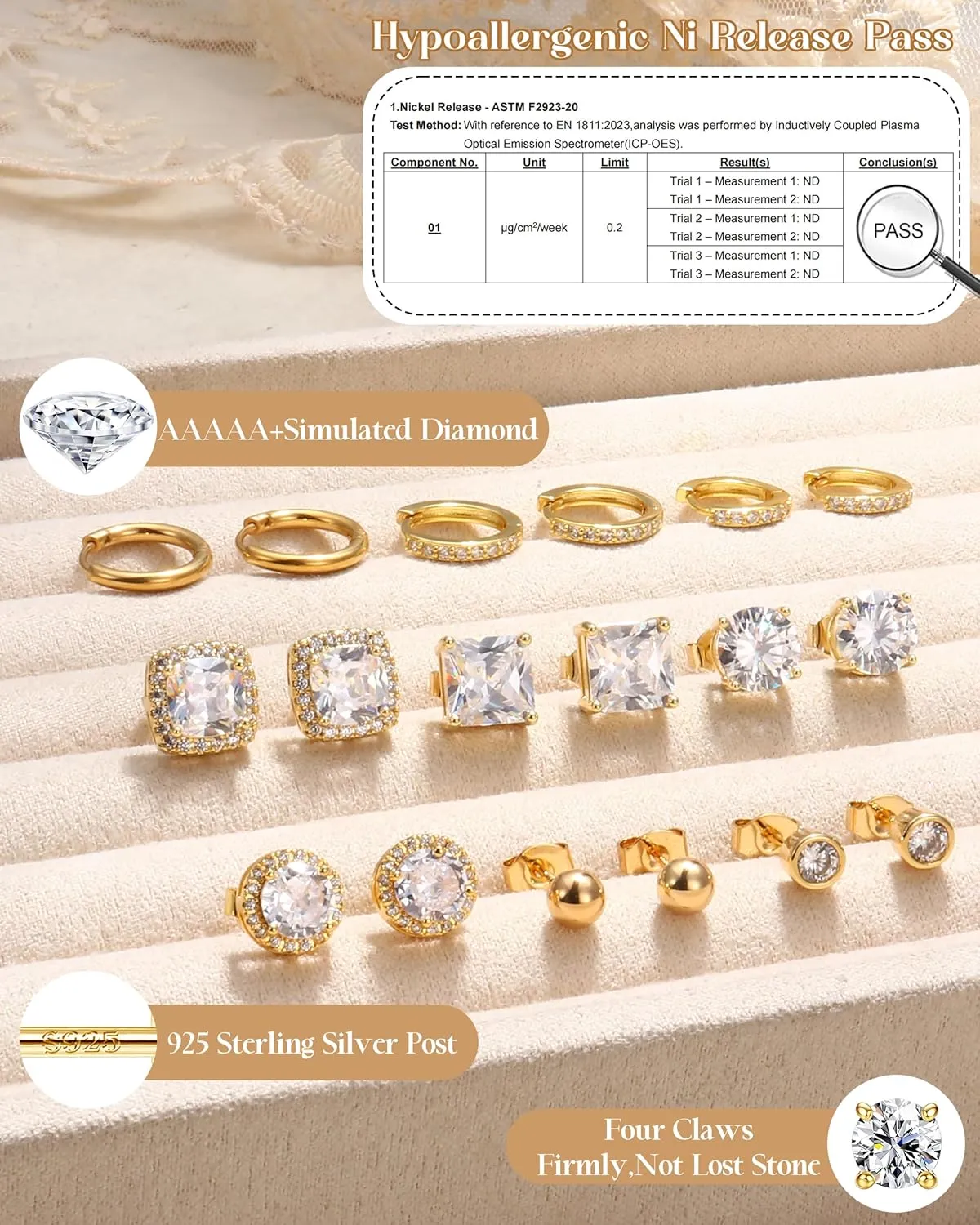 BESTEEL S925 Sterling Silver Stud Earrings for Women Men - Hypoallergenic 18K Gold Plated Hoop Earring Big Round Square Simulated Diamond Halo Studs Earrings for Sensitive Ears