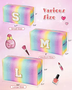 Birthday Gifts for Kids, Initial Makeup Bag with Chenille Letter, Rainbow Zipper Pouch, Girly Stuff for Little Girls Preteen Teens, Personalized Travel Toiletry Bag (Small)