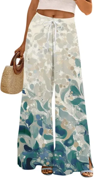Boho Palazzo Pants for Women Dressy Loose Beach Plus Size Trendy Yoga High Waisted Flowy Vacation Trousers