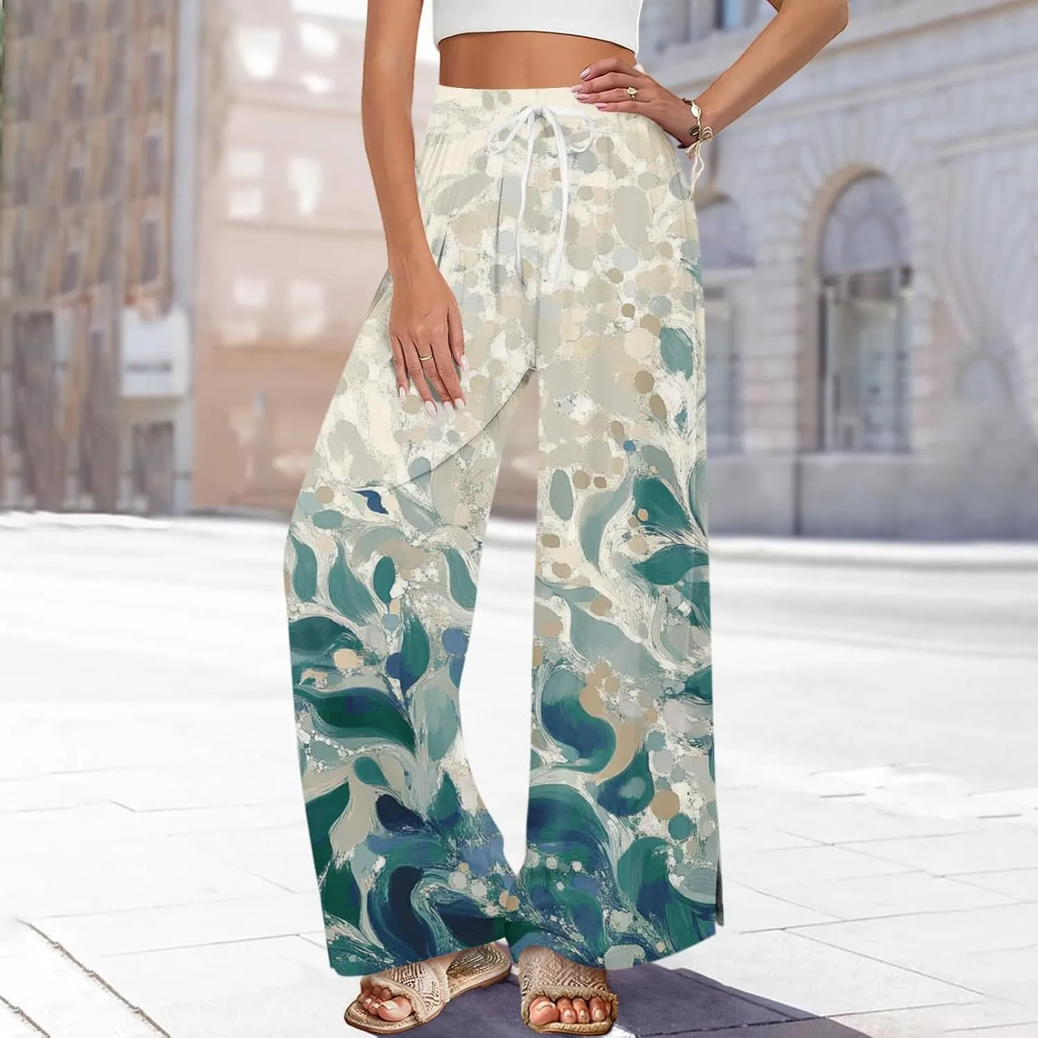 Boho Palazzo Pants for Women Dressy Loose Beach Plus Size Trendy Yoga High Waisted Flowy Vacation Trousers